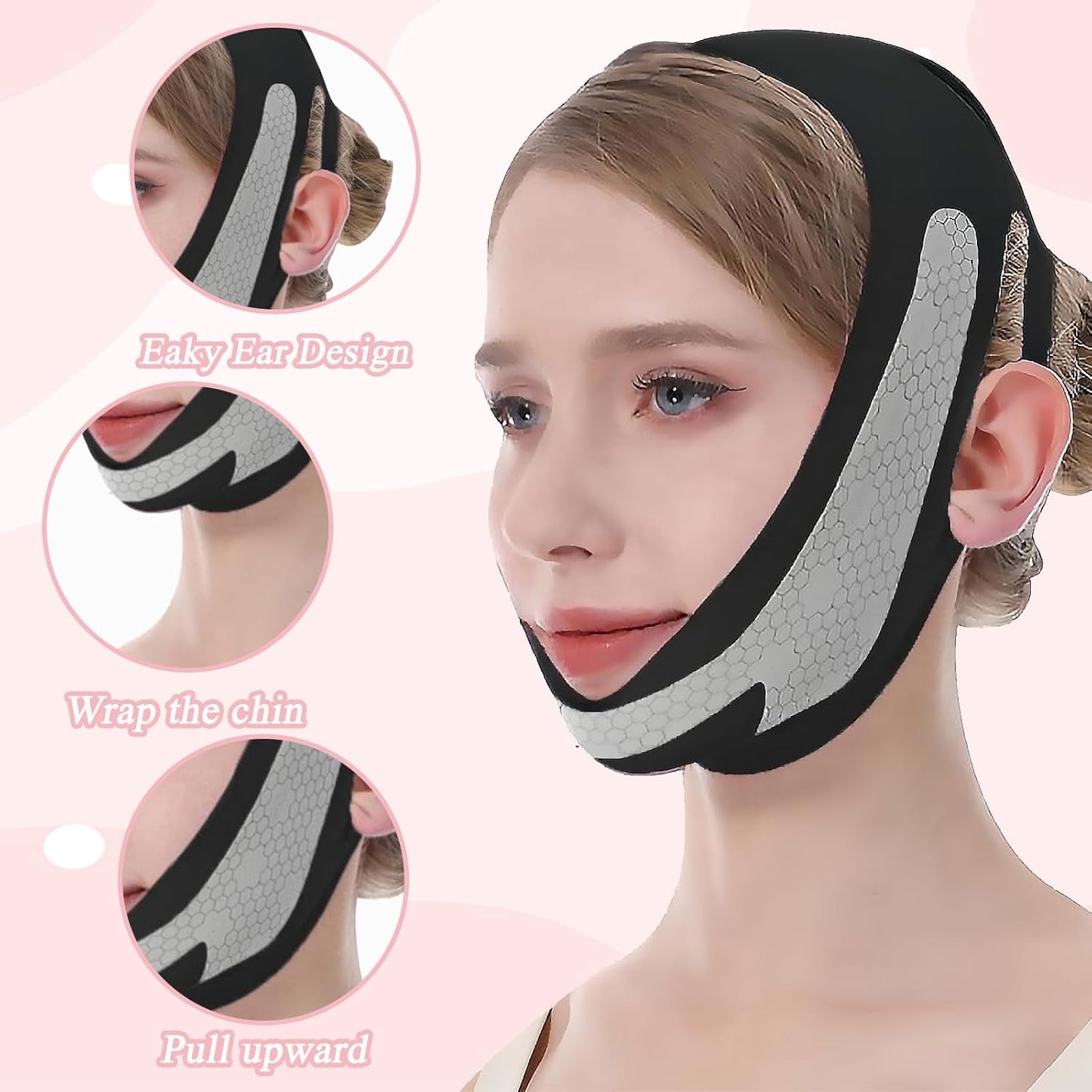 Chin Strap for Sleeping 2 Pieces Double Chin Reducer Chin Strap V Line Lifting Mask Double Chin Strap Face Slimming for Quick and Enhanced Jawline Tightening (Black Pink)