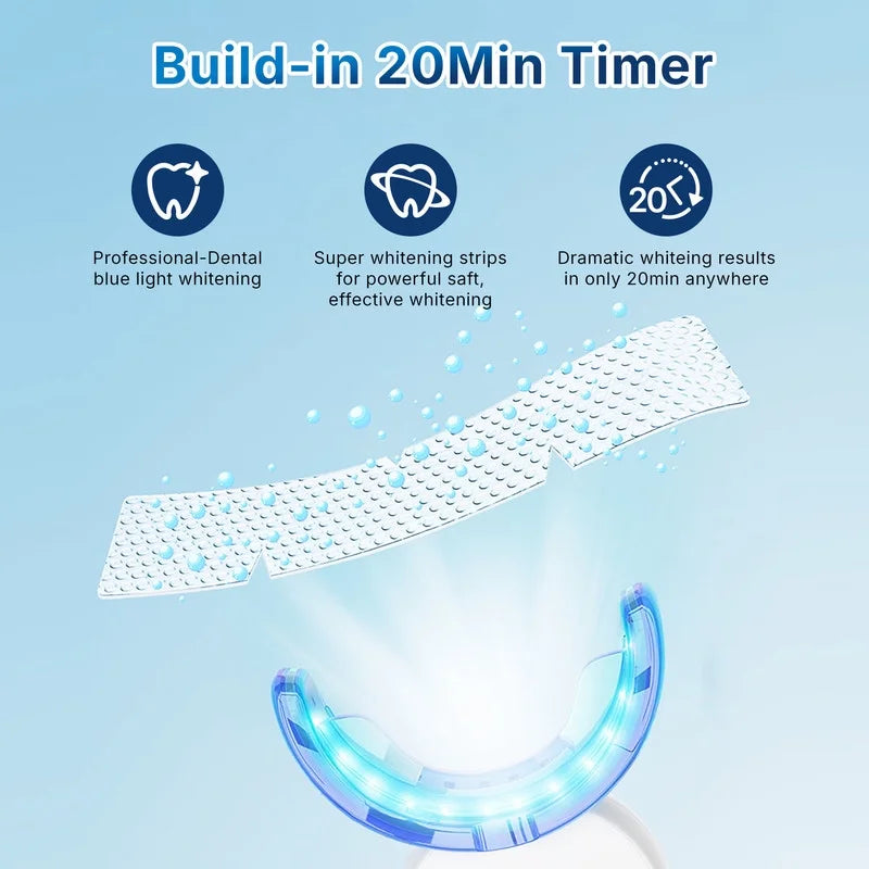 Portable Teeth Whitening Kit, LED Blue Light and 28 White Strips for Sensitive Teeth, Rechargeable Teeth Whitener Case