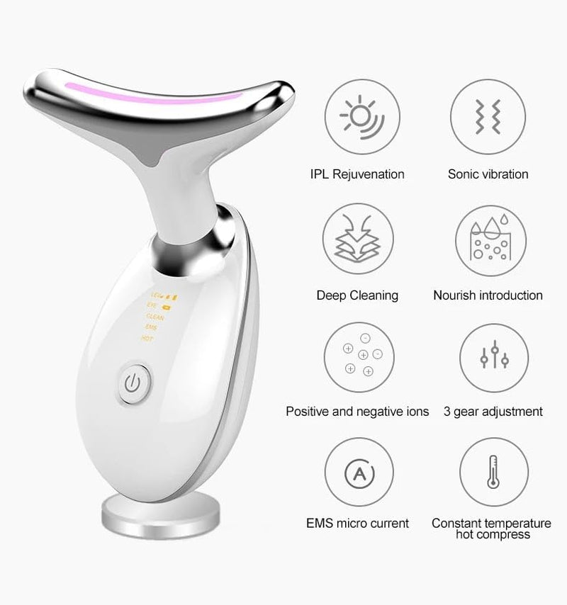 7-In-1 Face Massager Electric Face Lifting - Facial and Neck Massage Tool with LED, Vibration, & Thermal Functions, Face Sculpting Device for Tight & Smooth Skin, White