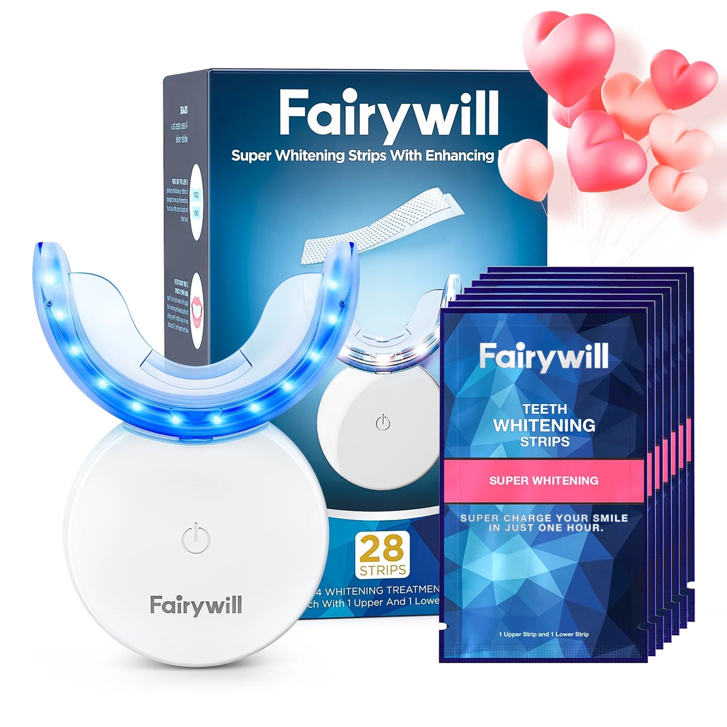 Portable Teeth Whitening Kit, LED Blue Light and 28 White Strips for Sensitive Teeth, Rechargeable Teeth Whitener Case