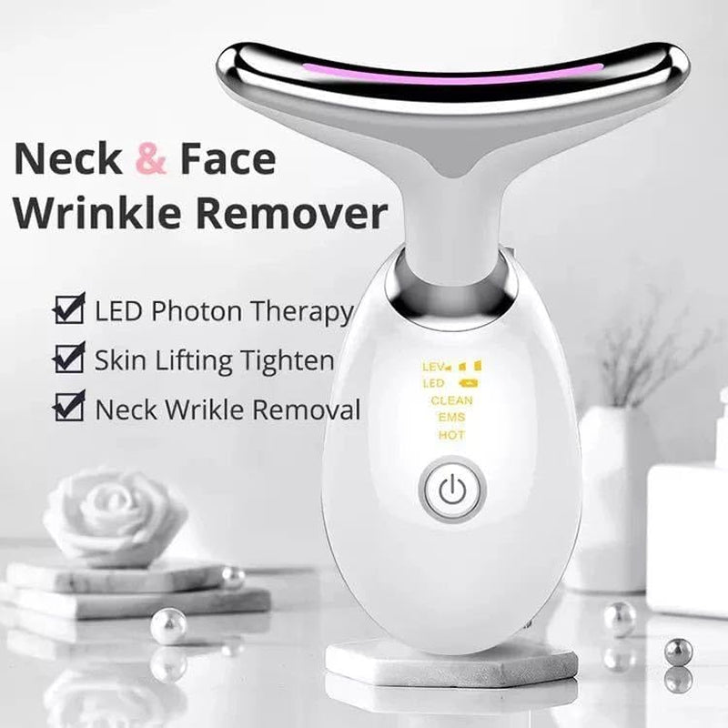 7-In-1 Face Massager Electric Face Lifting - Facial and Neck Massage Tool with LED, Vibration, & Thermal Functions, Face Sculpting Device for Tight & Smooth Skin, White