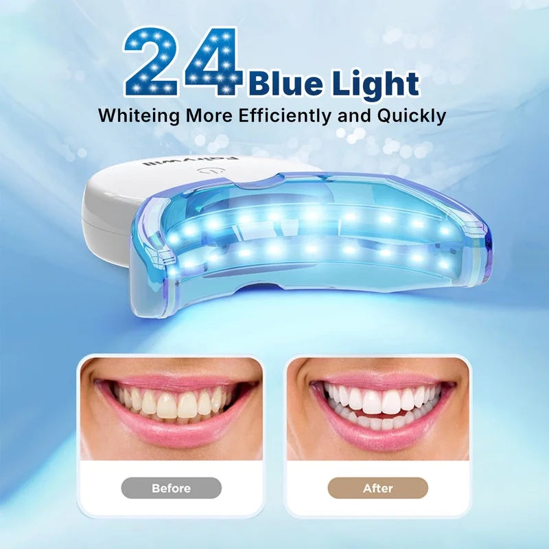 Portable Teeth Whitening Kit, LED Blue Light and 28 White Strips for Sensitive Teeth, Rechargeable Teeth Whitener Case