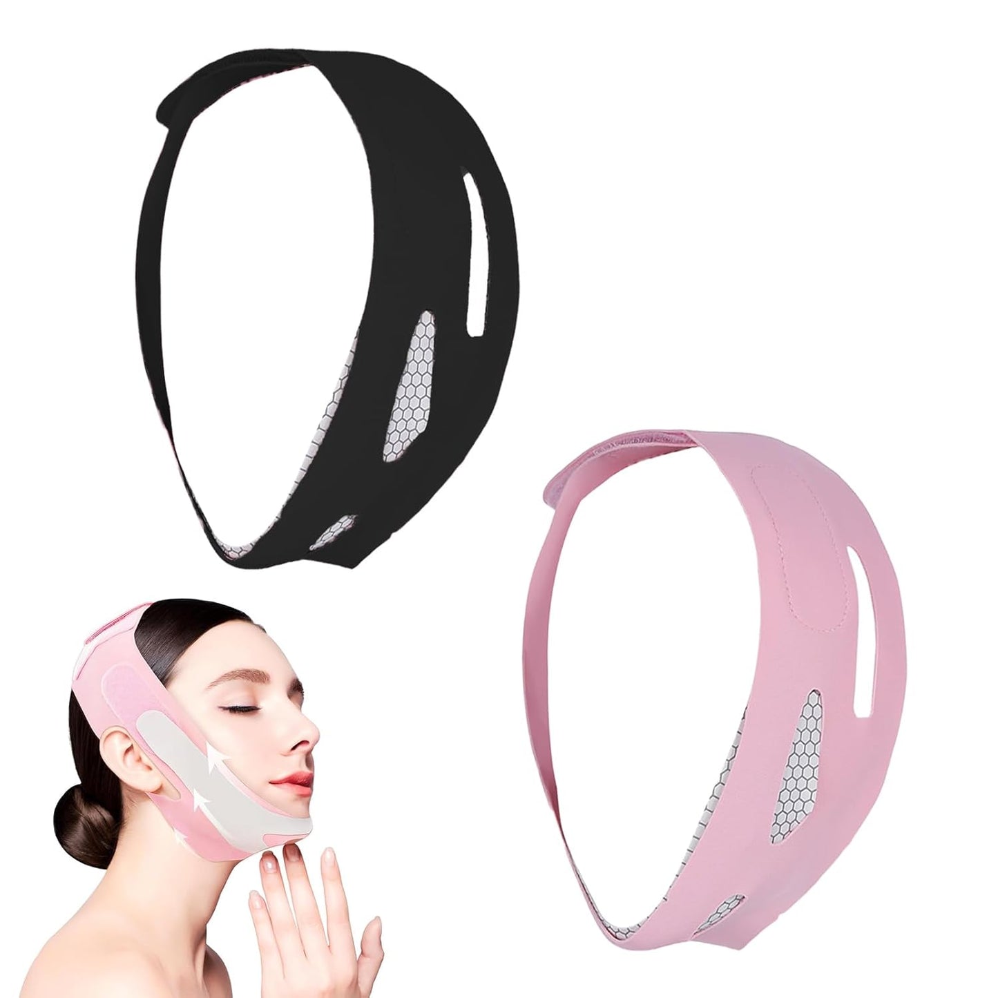 Chin Strap for Sleeping 2 Pieces Double Chin Reducer Chin Strap V Line Lifting Mask Double Chin Strap Face Slimming for Quick and Enhanced Jawline Tightening (Black Pink)