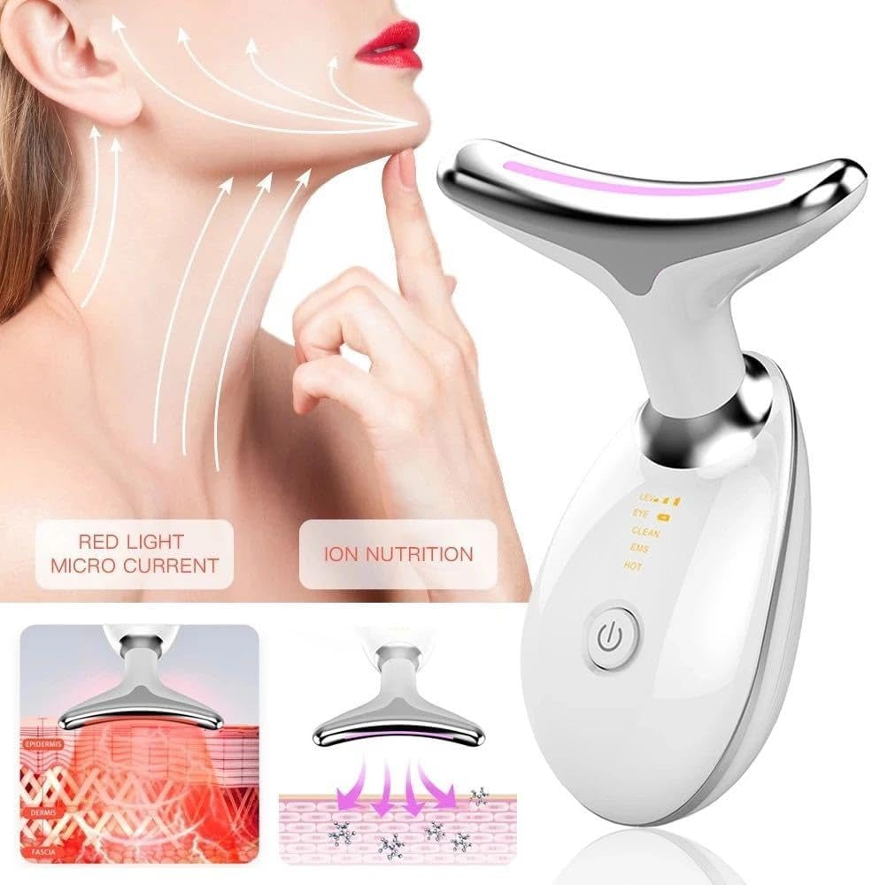 7-In-1 Face Massager Electric Face Lifting - Facial and Neck Massage Tool with LED, Vibration, & Thermal Functions, Face Sculpting Device for Tight & Smooth Skin, White